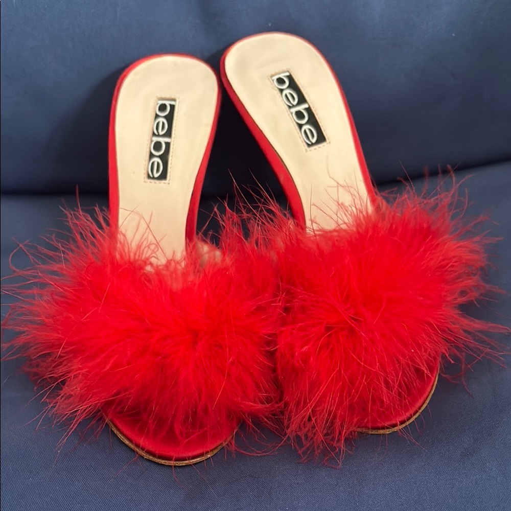 Bebe Red Heels with Feathered Glamour